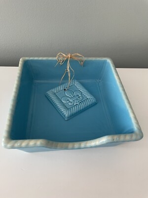 Napkin Holder: Coastal Turquoise Ceramic Tray with Fleur-de-Lis Weight