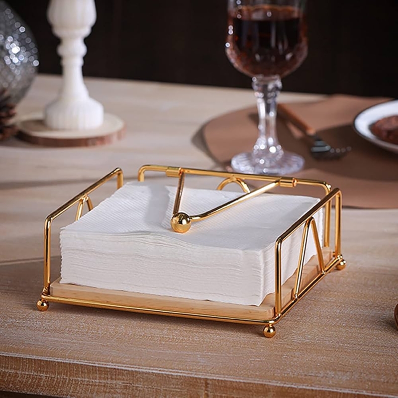 Napkin Holder: Glam Polished Gold Wire and Wood Base Organizer Accessory