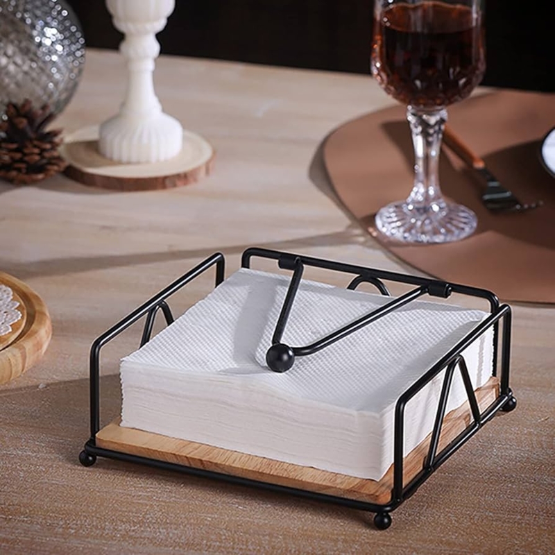 Napkin Holder: Industrial Matte Black Wire Frame with Wood Base Platform