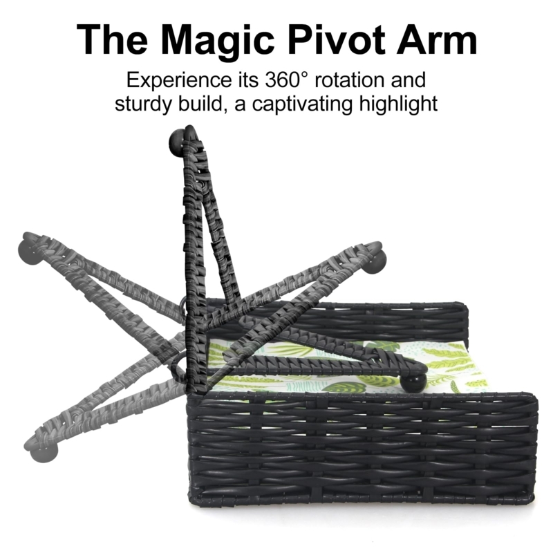 Napkin Holder: Matte Black Woven Rattan Basket with 360-Degree Pivot Arm