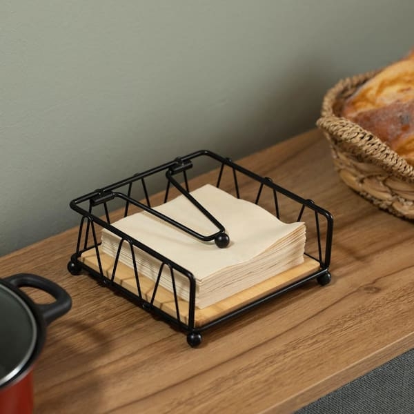 Napkin Holder: Matte Black Zig-Zag Wire Frame with Wooden Base Tray