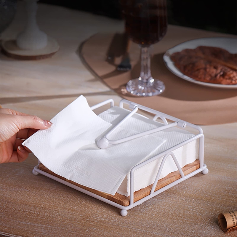 Napkin Holder: Modern Farmhouse White Wire Frame with Wood Toned Base