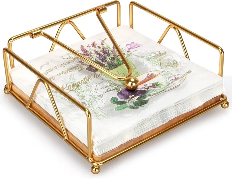 Napkin Holder: Polished Gold V-Pattern Wire Frame with Wood Toned Base