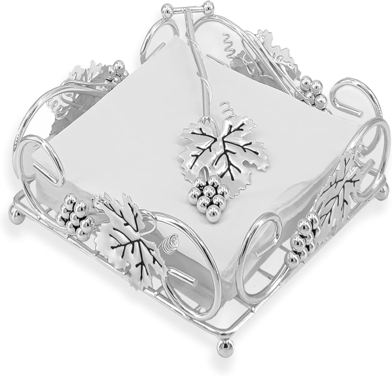 Napkin Holder: Polished Silver Metal with Ornate Grape and Leaf Motif