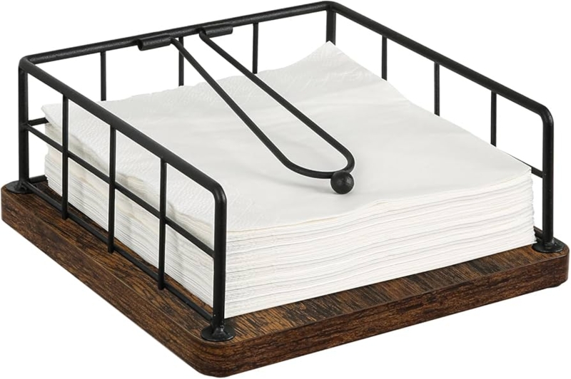Napkin Holder: Rustic Walnut Wood Base with Matte Black Wire Cage Frame