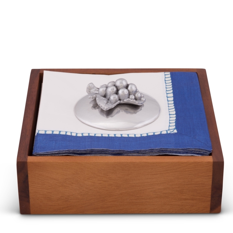 Napkin Holder Set: Traditional Wood Tray and Polished Silver Grape Weight