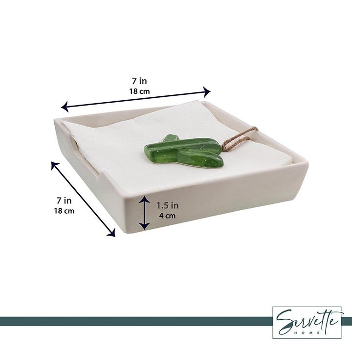 Napkin Holder: Sleek White Ceramic Square Tray with Green Cactus Weight