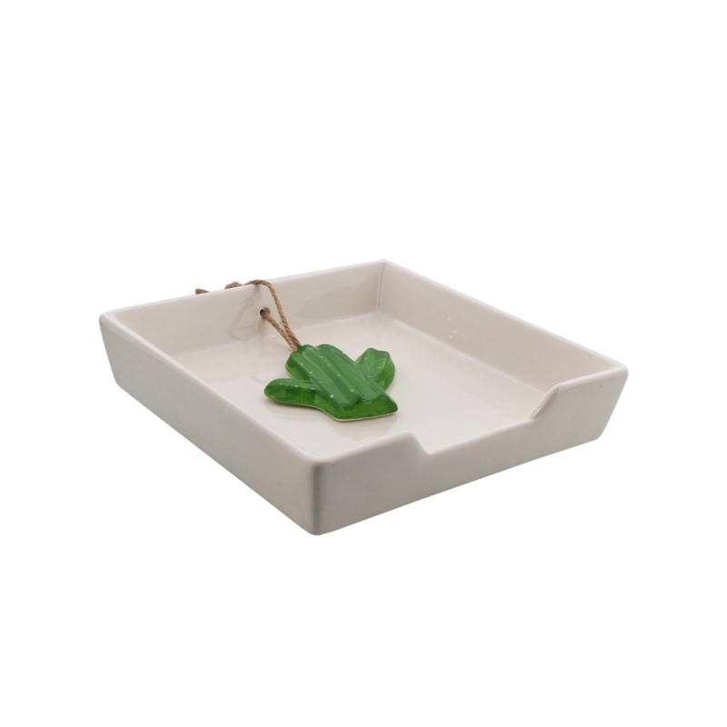 Napkin Holder: Southwestern White Ceramic Tray with Green Cactus Weight