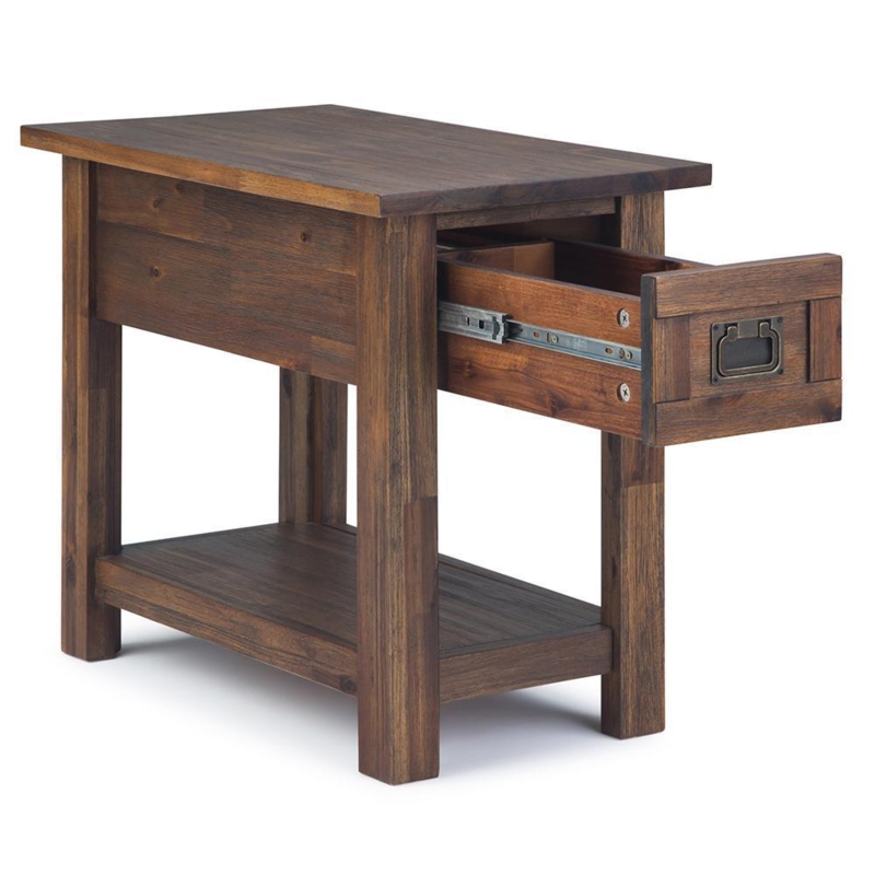 Narrow Acacia Side Table Campaign Style Drawer Pull
