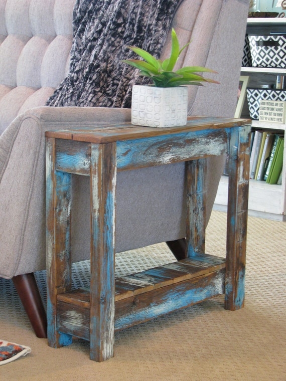 Narrow Accent Table Heavily Distressed Teal Slim Profile