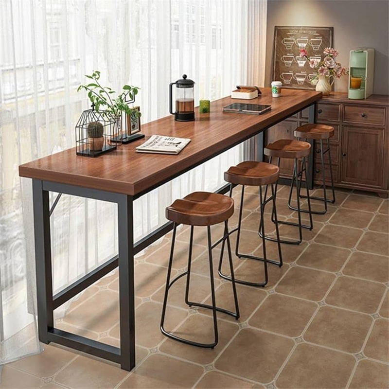 Narrow Bar Table Set, Sled Base Stools, Walnut and Black Metal