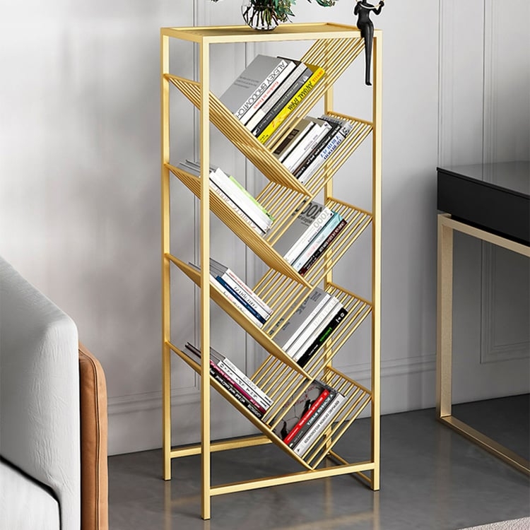 Narrow Bookcase: Gold Zigzag Slatted Shelf Design
