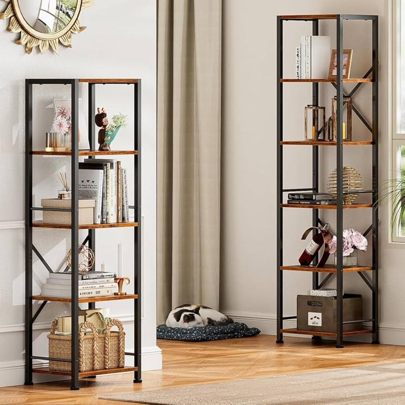 Narrow Bookshelf: Industrial Rustic Brown with X-Brace Support Frame