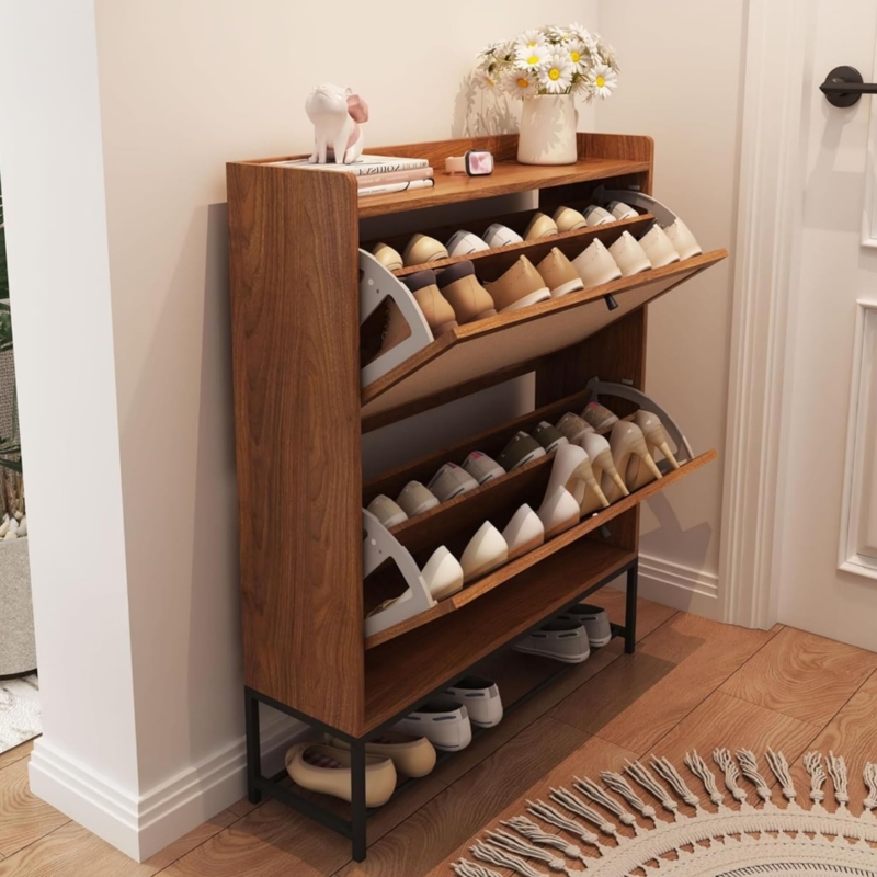 Narrow Walnut Shoe Storage Cabinet with Black Metal Base