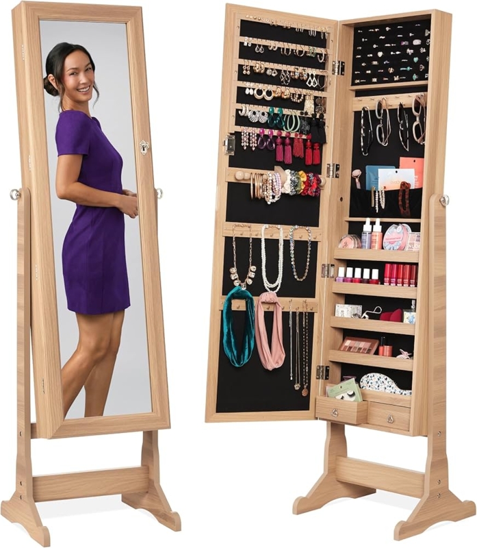 Natural Oak Jewelry Armoire with Adjustable Tilt Stand