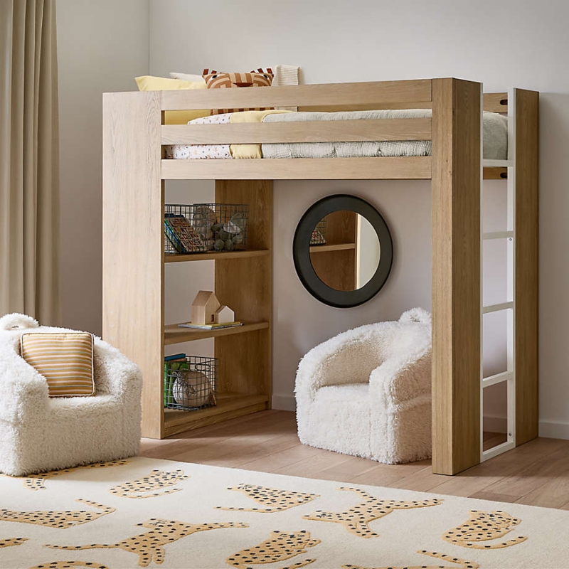 Natural Oak Wood Loft Bed with Integrated Shelving and Nook