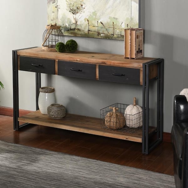 Natural Wood Console Table with Three Drawers and Iron Frame