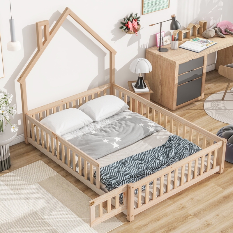 Natural Wood Floor Bed with Hinged Gate and House Frame