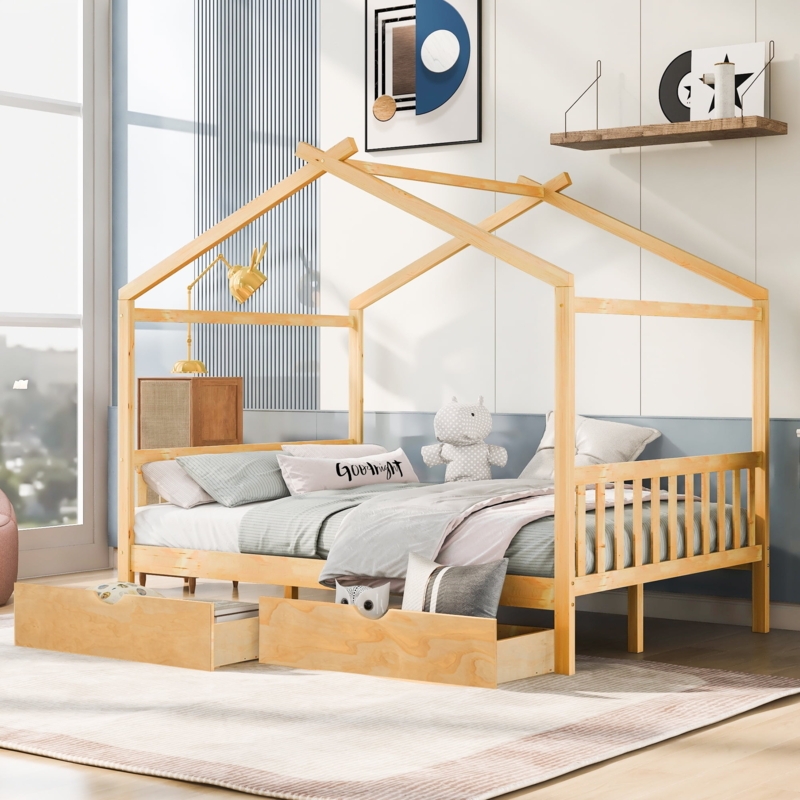 Natural Wood House Bed with Dual Storage Drawers, Scandi Style