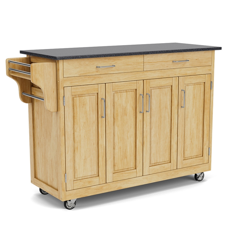 Natural Wood Kitchen Island Cart with Black Granite Top and Spice Rack