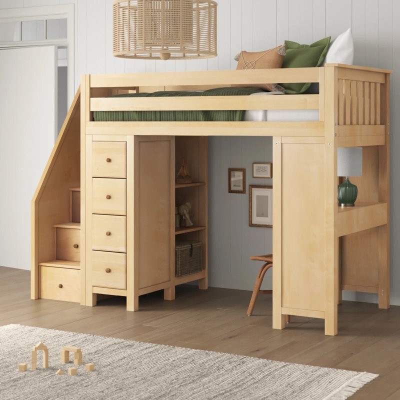 Natural Wood Loft Bed with Staircase Storage and Built-In Chest