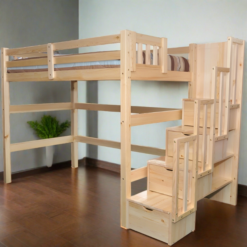Natural Wood Loft Bed with Staircase Storage