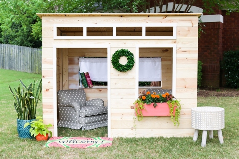 Natural Wood Playhouse with Clerestory Windows & Pink Planter