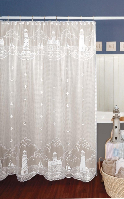 Nautical Lace Shower Curtain Warm Beige Lighthouse Motif Scalloped Hem