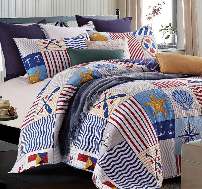 Nautical Quilt Set Maritime Patchwork Red White Stripes Anchors