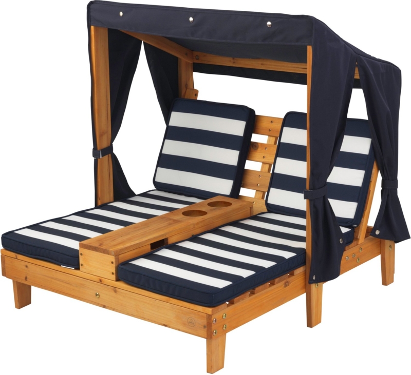 Nautical Striped Chaise Double Honey Wood Navy Canopy Curtains