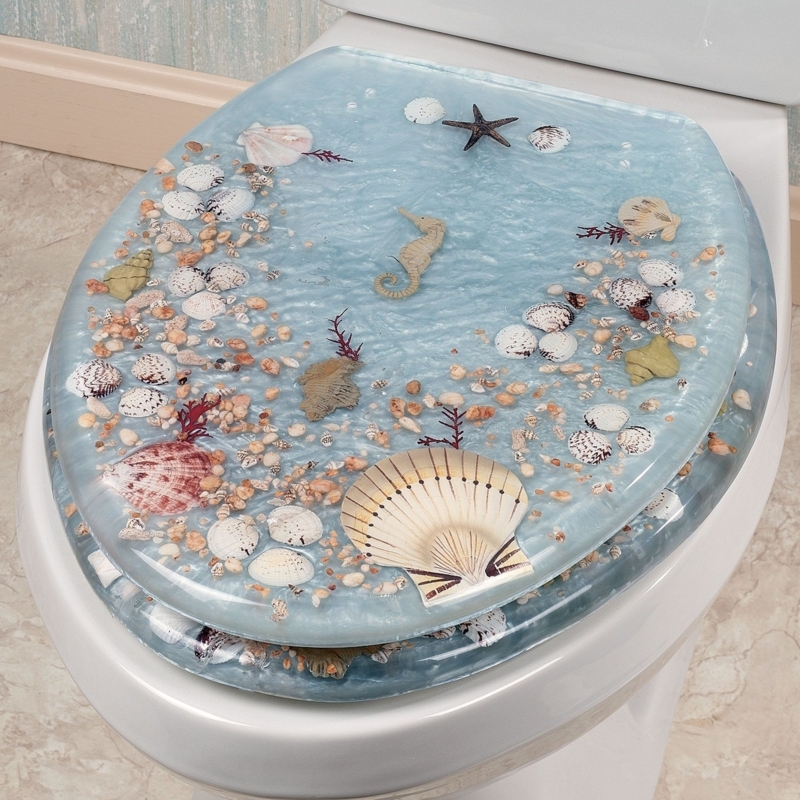 Nautical Toilet Seat: Translucent Resin with Starfish and Shells.