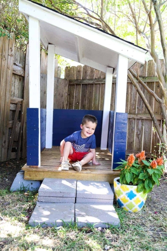 Navy and White Outdoor Playhouse with Shed Roof & Elevated Base
