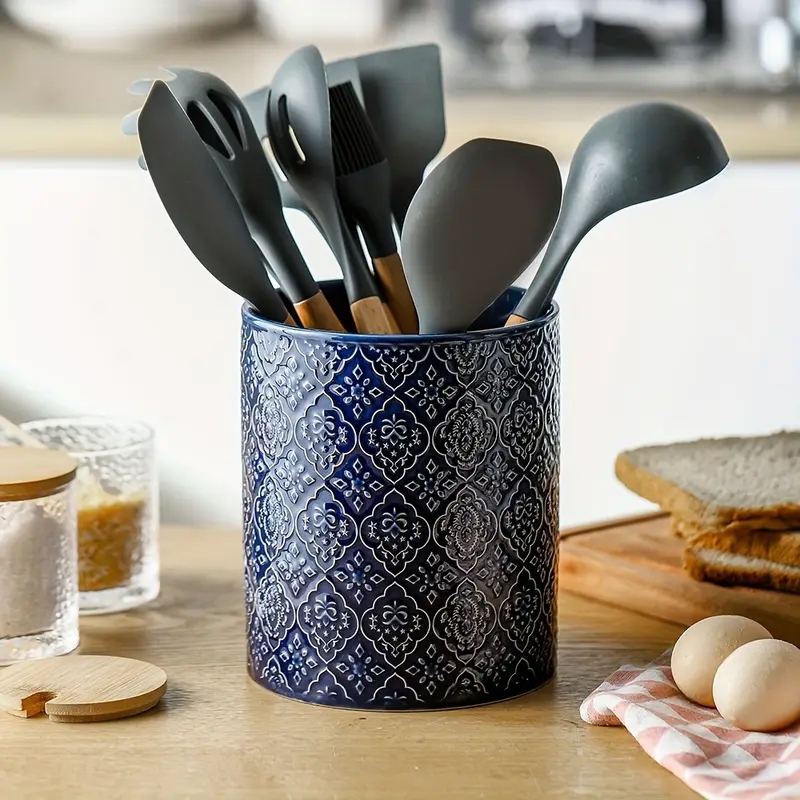 Navy Blue Ceramic Utensil Holder with Embossed Geometric Pattern
