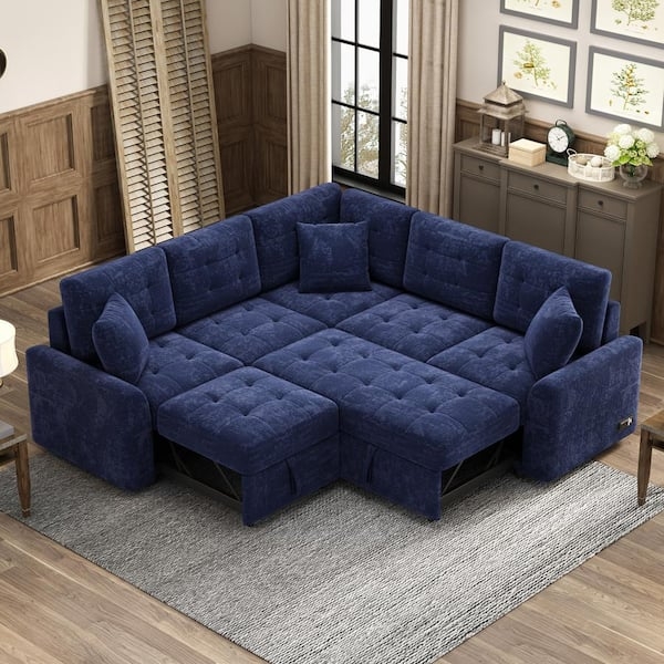 Navy Blue Corded Velveteen Sectional Sleeper with Integrated Charging