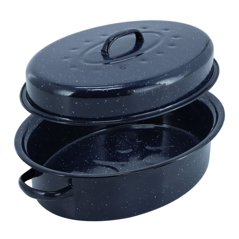 Navy Blue Enamel Roaster with Ridged Base and Speckled Finish