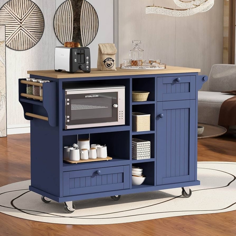 Navy Blue Kitchen Island Cart with Integrated Spice Rack