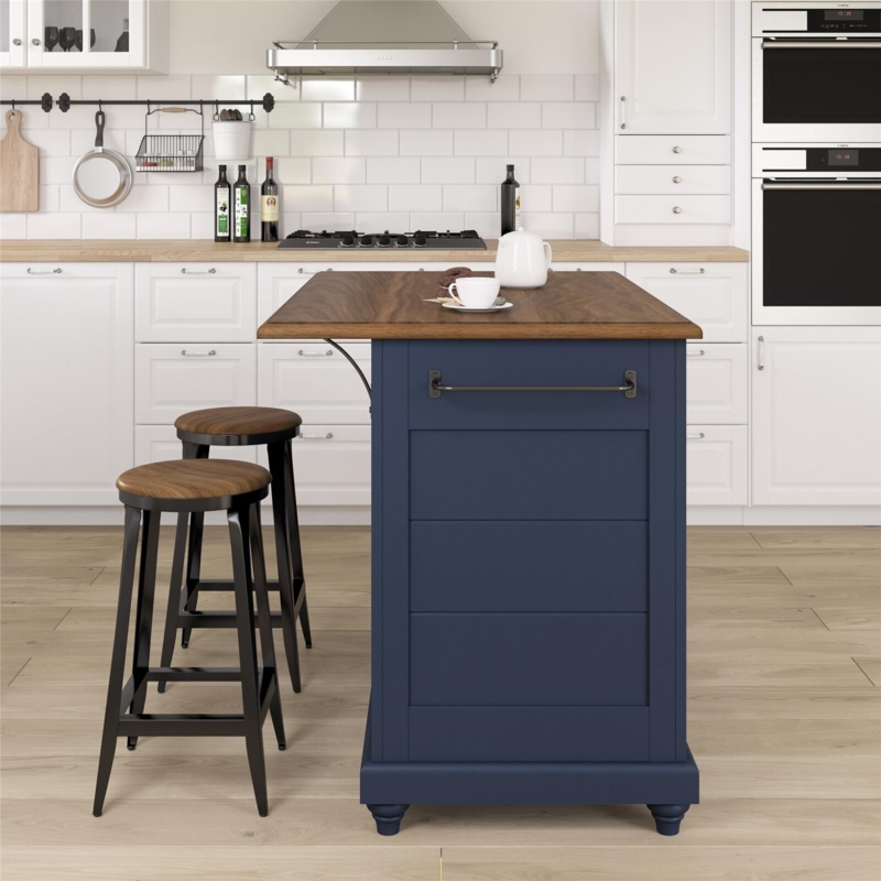Navy Blue Kitchen Island Drop Leaf Bun Feet Details