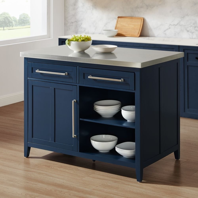 Navy Blue Kitchen Island Stainless Steel Top Open Side Shelving