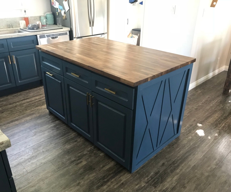 Navy Blue Kitchen Island with Wood Top and X-Pattern Trim