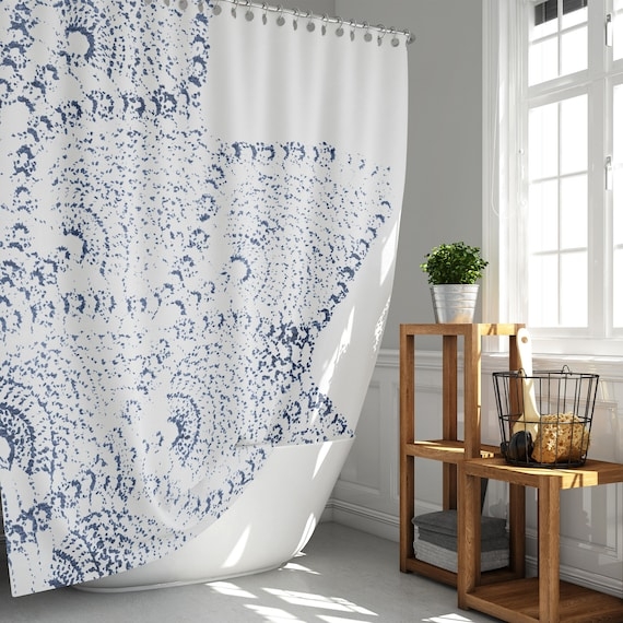 Navy Blue Lace Print Shower Curtain Scalloped Pattern Rustic Modern