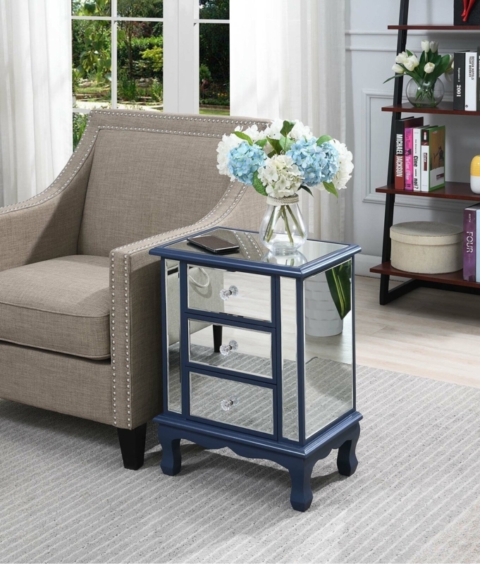 Navy Blue Mirrored Nightstand: 3 Drawers, Cabriole Legs Deco Style