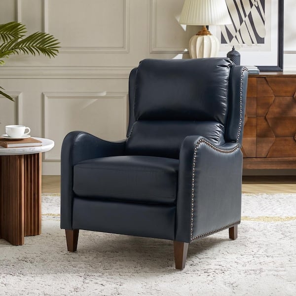 Navy Blue Recliner with Tapered Wood Legs and Nailhead Trim