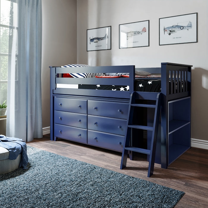 Navy Blue Storage Loft Bed Integrated Bookcase Vintage Airplane Art