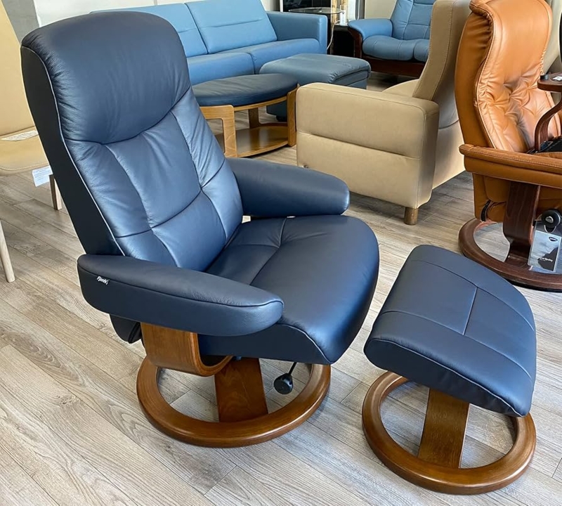 Navy Blue Swivel Recliner with Walnut Wood Finish Pedestal Base