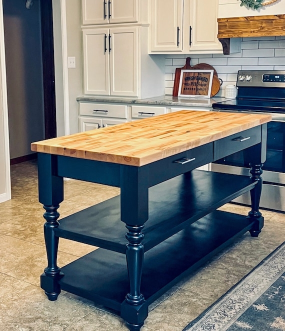 Navy Farmhouse Kitchen Island Turned Legs Butcher Block