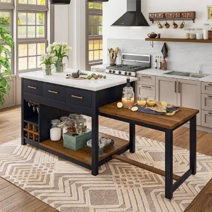 Navy Kitchen Island with Marble Top & Attached Dining Table