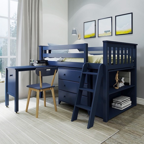 Navy Low Loft Bed Integrated Pull-Out Desk and Three-Drawer Dresser