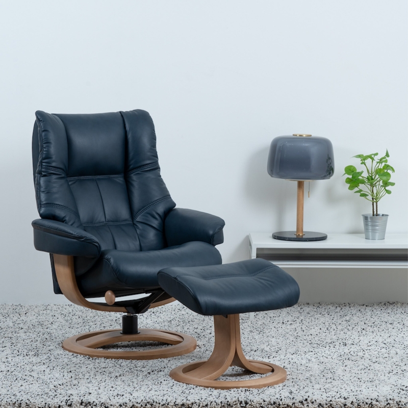 Navy Recliner with Curved Bentwood Base and Pedestal Ottoman