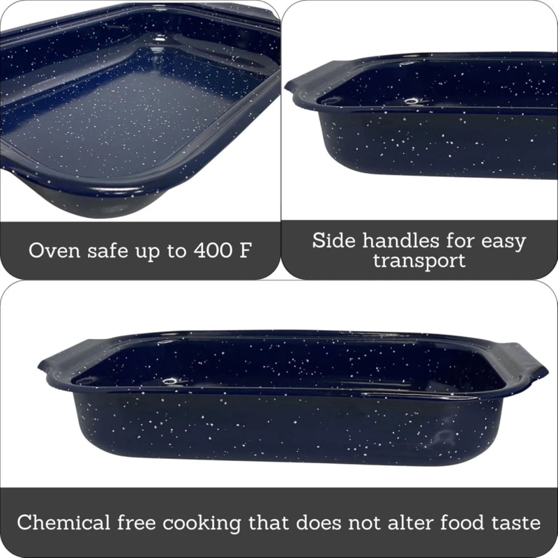 Navy Speckled Roasting Pan Sloped Walls Integrated Handles