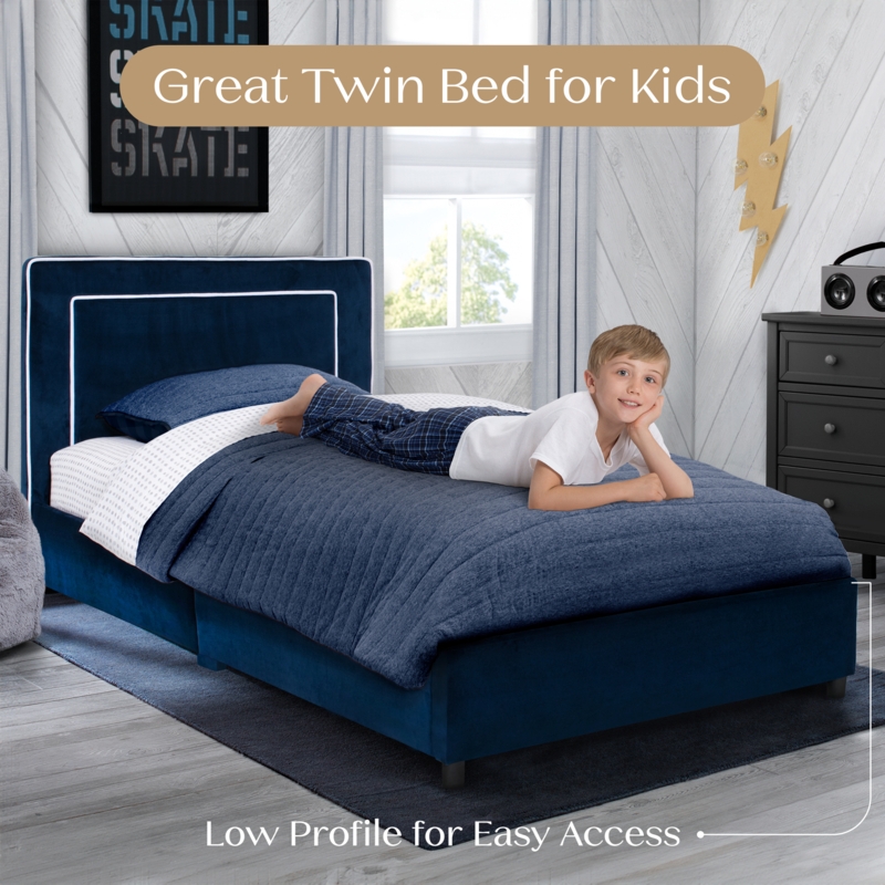 Navy Velvet Twin Bed, Low Profile Design with White Piping